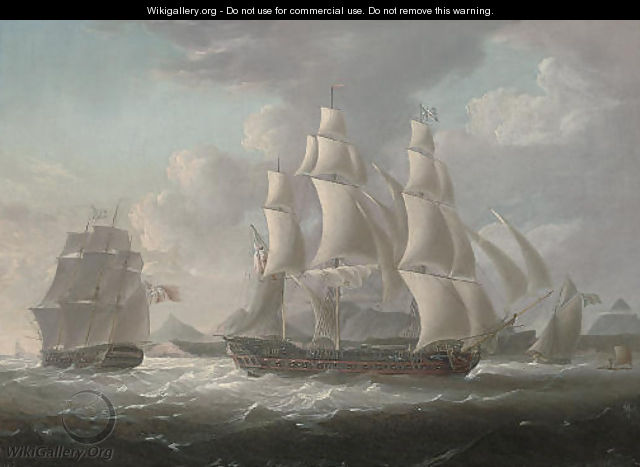 Royal Naval frigates and an armed cutter off a West Indian island, believed to be Martinique, with a native raft offshore - George Webster