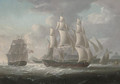 Royal Naval frigates and an armed cutter off a West Indian island, believed to be Martinique, with a native raft offshore - George Webster