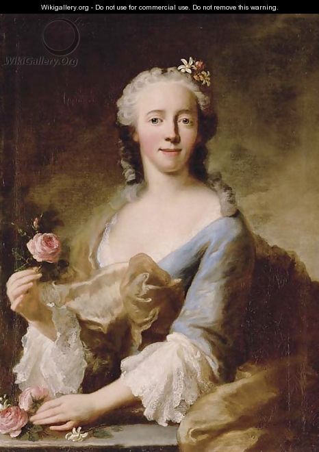 Portrait of a lady, half-length, in a blue dress with white lace sleeves and trimming, holding a pink rose in each hand, with flowers in her hair - Georg Desmarees