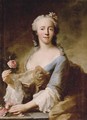 Portrait of a lady, half-length, in a blue dress with white lace sleeves and trimming, holding a pink rose in each hand, with flowers in her hair - Georg Desmarees