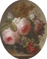 Roses, jasmine, a tulip and other flowers in a glass vase on a ledge - Georgius van Os