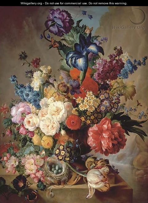 Roses, peonies, irises, hollyhocks, narcissi, blazing star, primulas, marigolds and other flowers with a Five-spot burnet moth in a vase - George Jacobus Johannes Van Os