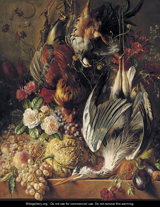 Flowers, fruits and poultry on a ledge - George Jacobus Johannes Van Os