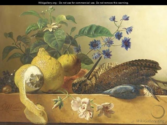 A snipe, a kingfisher, lemons and flowers on a ledge - George Jacobus Johannes Van Os