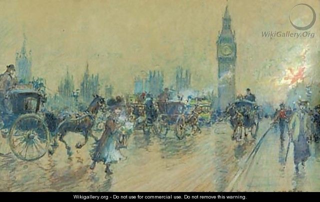 Horses and carriages on Westminster Bridge before the Houses of Parliament - Georges Stein
