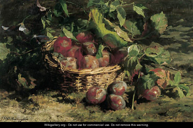 A still life with plums in a basket - Geraldine Jacoba Van De Sande Bakhuyzen