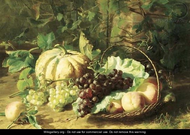 Peaches, grapes and a pumpkin in a sunny corner of a vegetable garden - Geraldine Jacoba Van De Sande Bakhuyzen