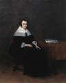 Portrait of an elderly woman, seated small full length by a table, wearing a black dress with lace collar and cuffs and a bonnet - Gerard Ter Borch