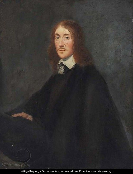 Portrait of a gentleman, small three-quarter length, in a black cloak, holding a hat - Gerard Ter Borch