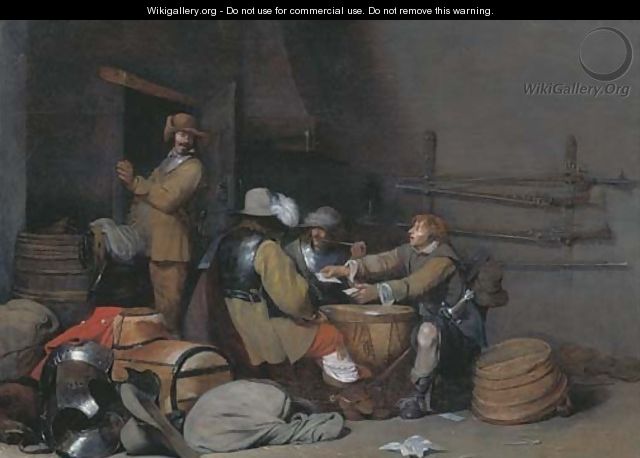 A guardroom interior with soldiers smoking and playing cards - Gerard Ter Borch