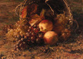 Grapes and apples in an overturned basket on a forest floor - Geraldine Jacoba Van De Sande Bakhuyzen