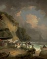 A rocky coast with fishermen by a cottage - George Morland