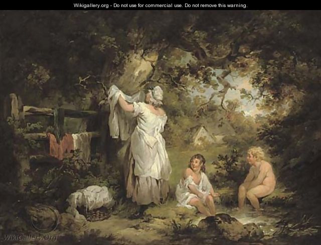 A woman with two children by a pool - George Morland