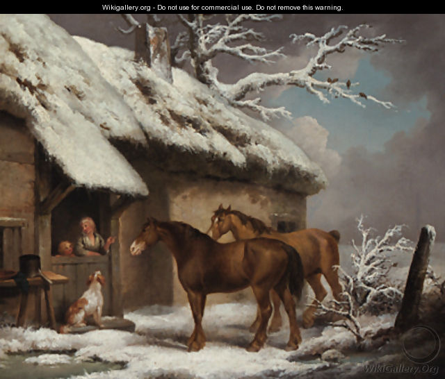 A Winter Landscape Two horses and a spaniel outside a cottage - George Morland