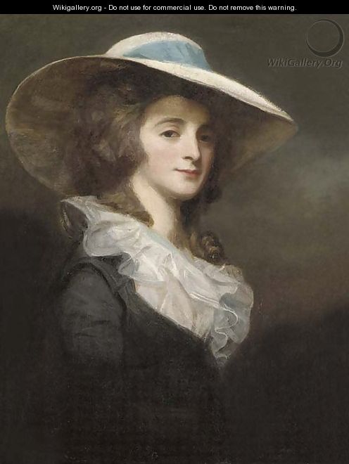 Portrait of Lady Herries, half-length, in a grey dress and white collar, with a wide-brimmed white hat with a blue ribbon - George Romney