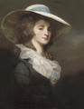 Portrait of Lady Herries, half-length, in a grey dress and white collar, with a wide-brimmed white hat with a blue ribbon - George Romney