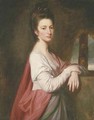 Portrait of a lady, traditionally identified as Mrs. Nelthorpe, three-quarter-length, in a white dress and pink shawl - George Romney