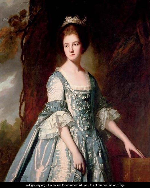 Portrait of a lady, half-length, in a blue and pink dress, in a ...