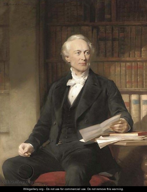 Portrait of Octavius Wigram, three-quarter-length, seated in a black suit, holding a letter, in a library - George Richmond