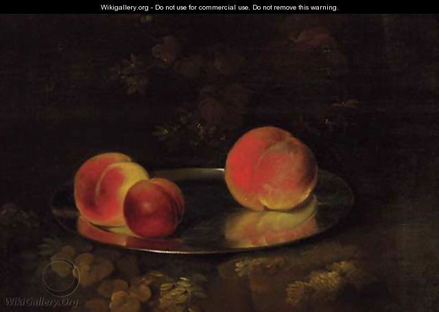 Peaches and a plum on a silver dish - George, of Chichester Smith