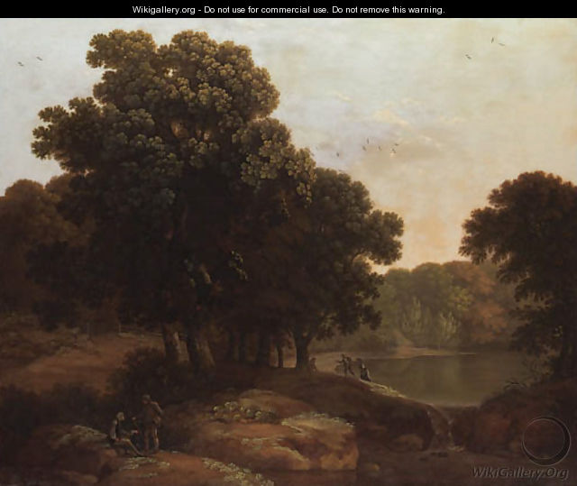 A wooded lake landscape with figures, a cottage beyond - George, of Chichester Smith