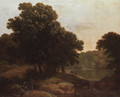 A wooded lake landscape with figures, a cottage beyond - George, of Chichester Smith