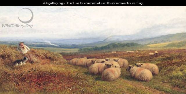 A Shepherd and Sheep in a hilly Landscape - George Shalders