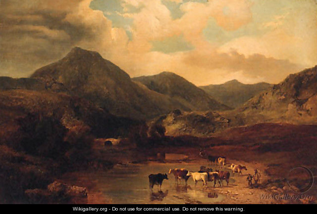 Cattle watering in a mountainous Landscape with a Drover and Child in the foreground - George Shalders