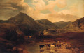 Cattle watering in a mountainous Landscape with a Drover and Child in the foreground - George Shalders