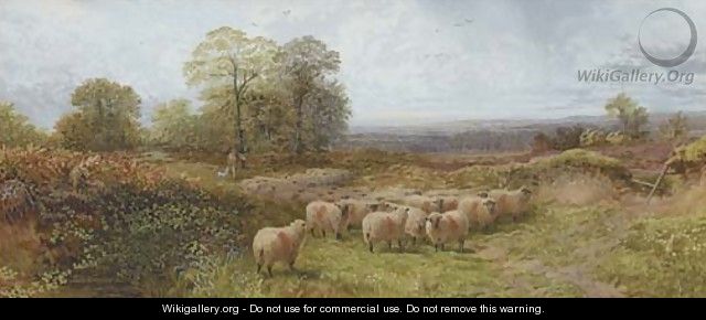 A shepherd with his flock in a moorland landscape - George Shalders