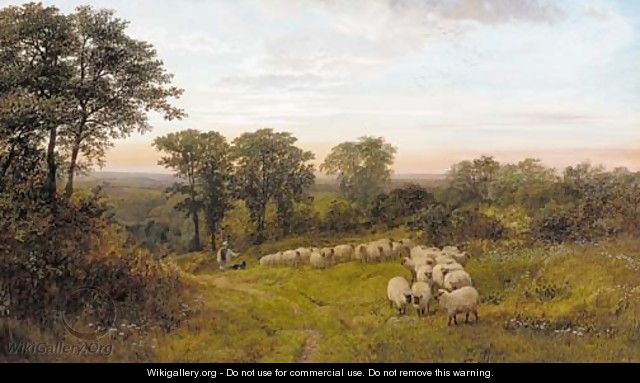 A shepherd and sheep in a wooded glade - George Shalders