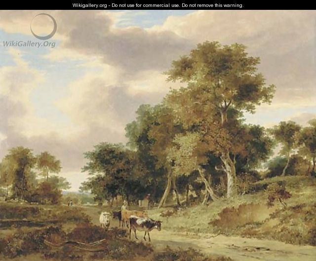 View in the Valley of the Yare, with a drover and cattle on a track - George Vincent
