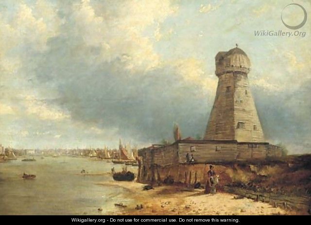 A view of Lowestoft lighthouse, with figures in the foreground and the Stanford Channel beyond - George Vincent