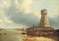 A view of Lowestoft lighthouse, with figures in the foreground and the Stanford Channel beyond - George Vincent