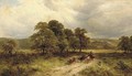 A drover with Highland cattle in a wooded landscape - George Turner