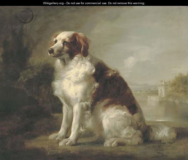 A red and white dog, in a landscape, a fortified tower and an estuary beyond - George Stubbs