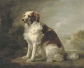 A red and white dog, in a landscape, a fortified tower and an estuary beyond - George Stubbs