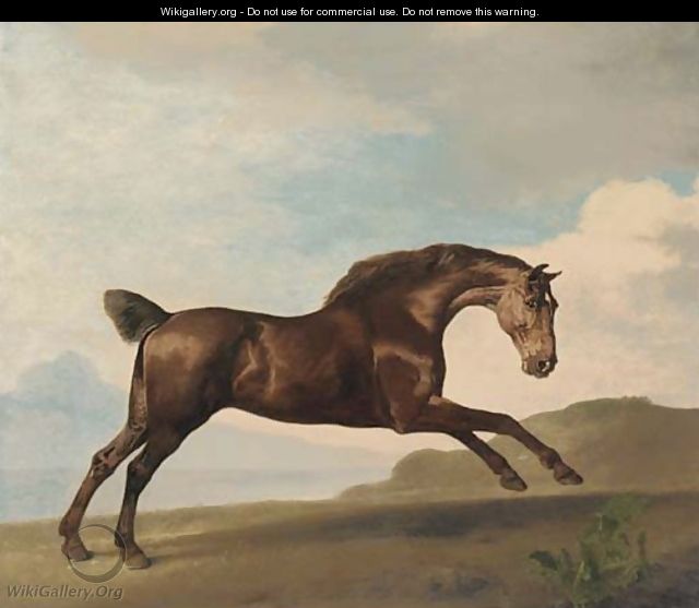 A bay hunter galloping in a mountainous landscape - George Stubbs