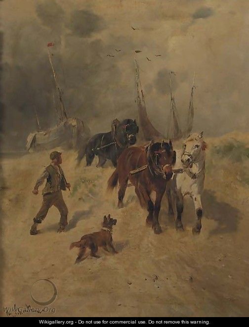 A team of horses on the beach, fishing-smacks in the background - Henry Schouten