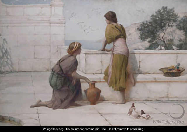 Young Girls On A Classical Terrace With A View Of The Sea Beyond - Henry Ryland