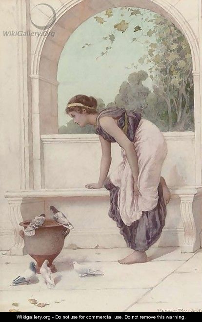 A classical maiden on a terrace with doves and pigeons - Henry Ryland