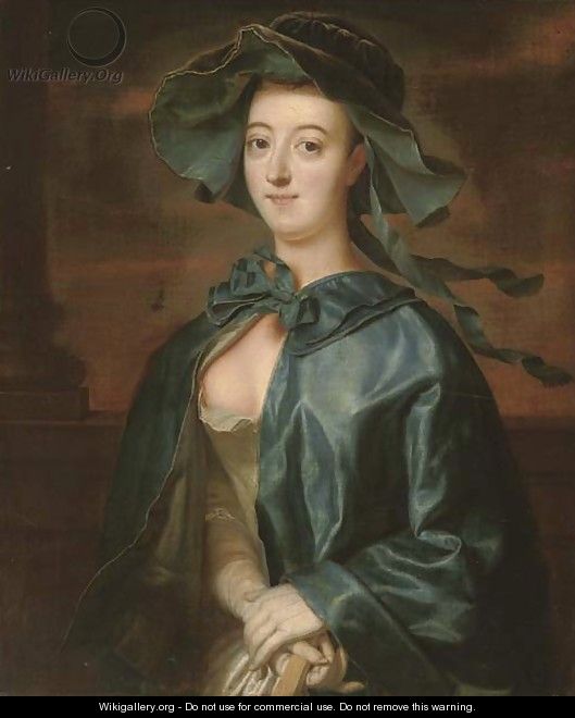 Portrait of a lady, half-length, in a blue silk cape and hat - Henry Robert Morland