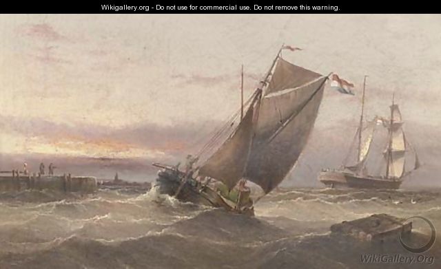 A Dutch brig running out of harbour amidst other traffic at dusk - Henry Redmore