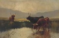 Cattle watering in a Highland landscape - Henry R. Hall