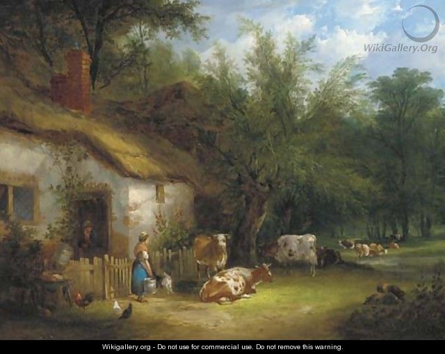 A milkmaid and cattle by a cottage gate - Henry Shayer