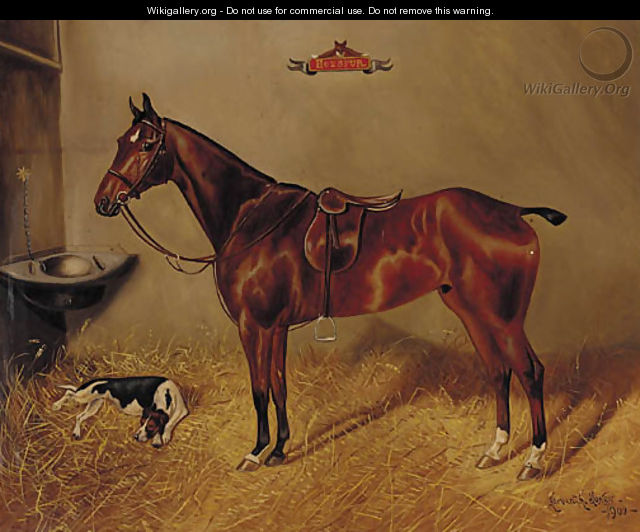 Hotspur, a saddled liver chestnut hunter with a dog in a stable - Herbert Jones
