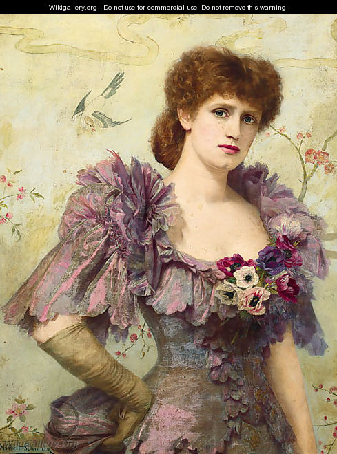 Portrait of Lillie Langtry, half-length, in a purple dress with poppies at her corsage - Herbert Gustav Schmalz