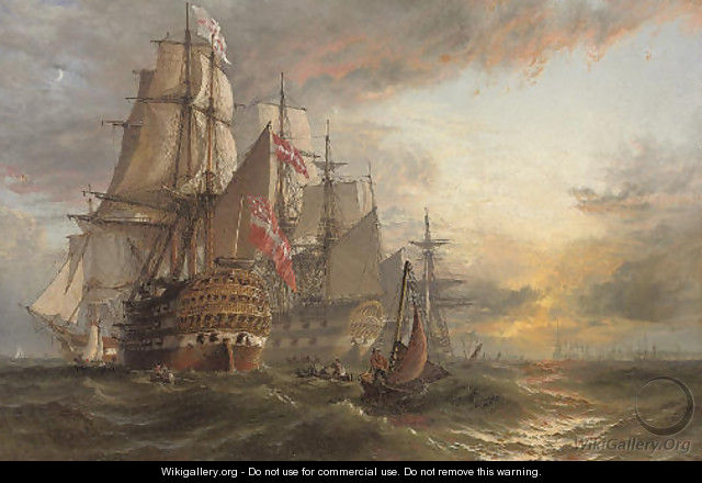 A Squadron of Danish warships moored off the entrance to Portsmouth harbour, with the masts of shipping in the harbour in the distance - Henry Thomas Dawson
