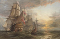 A Squadron of Danish warships moored off the entrance to Portsmouth harbour, with the masts of shipping in the harbour in the distance - Henry Thomas Dawson