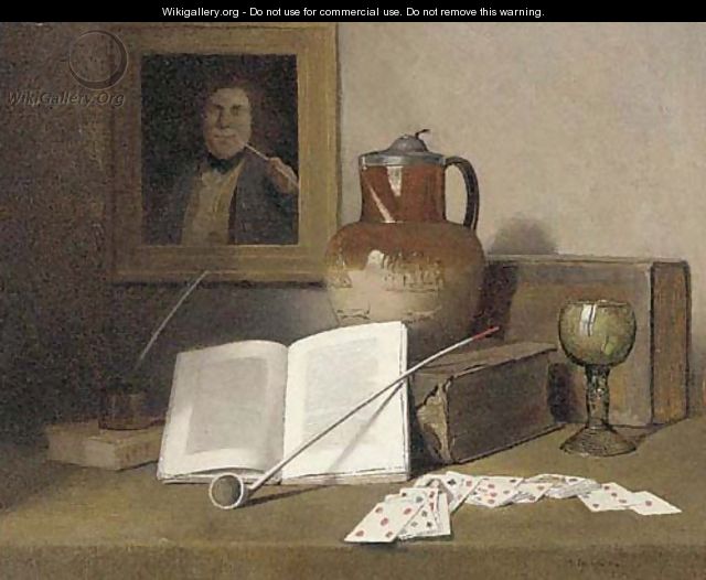 Playing cards, a pipe, a goblet, a ewer and books on a table - Herbert Izant